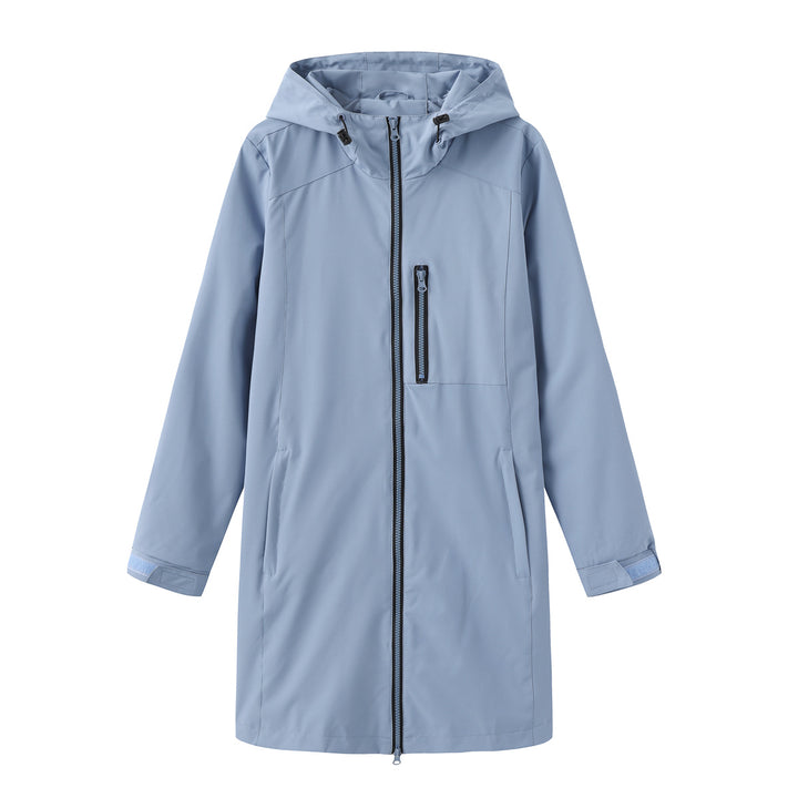 Damen nan lange schlanke Funktionsregenjacke mit durchgehendem Reißverschluss Brustreißverschlusstasche und Klettmanschetten Echo Archiv