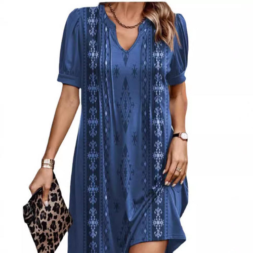 Damen nan locker geschnittenes A-Linien-Kurzkleid mit V-Ausschnitt, Volumenärmeln und vertikalem Ethno-Print Echo Archiv