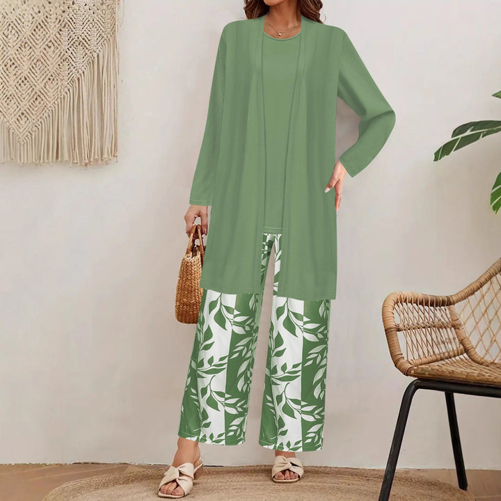 Damen Lang geschnittener offener Feinstrick-Cardigan mit geradem Saum und Palazzo-Hose im Blattprint Set – Élanora