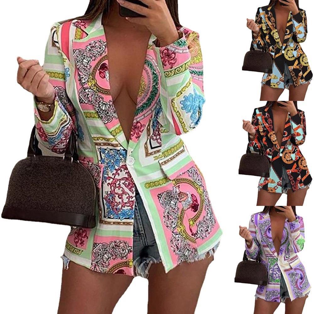 Damen Gemusterter Longline-Blazer mit Ein-Knopf-Verschluss und Seidentuch-Print Echoarchiv