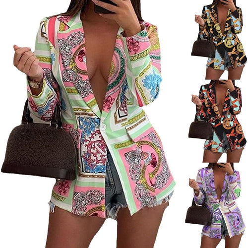 Damen Gemusterter Longline-Blazer mit Ein-Knopf-Verschluss und Seidentuch-Print Echoarchiv