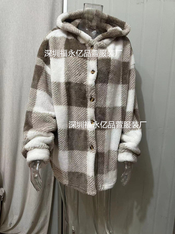 Damen nan kuschelige karierte Teddyjacke mit Kapuze, Knopfverschluss und oversized Schnitt Echo Archiv
