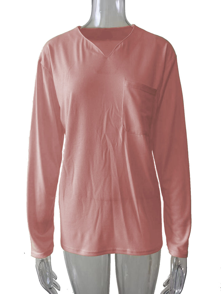 Damen nan legeres Langarmshirt mit V-Notch-Ausschnitt, Brusttasche und lockerer Oversize-Passform Echo Archiv