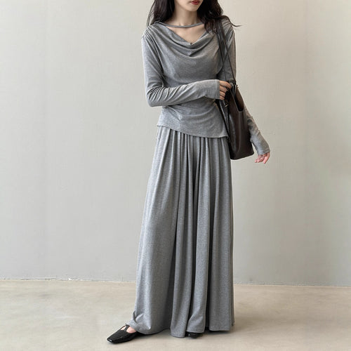 Damen Zweiteiliges Jersey-Set mit asymmetrischem Wasserfallkragen und weitem Maxirock – Élanora