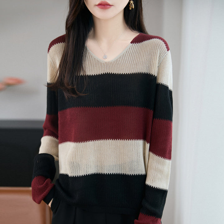 Damen Leichter V-Ausschnitt Feinstrickpullover mit breiten Blockstreifen und entspannter Passform Echoarchiv