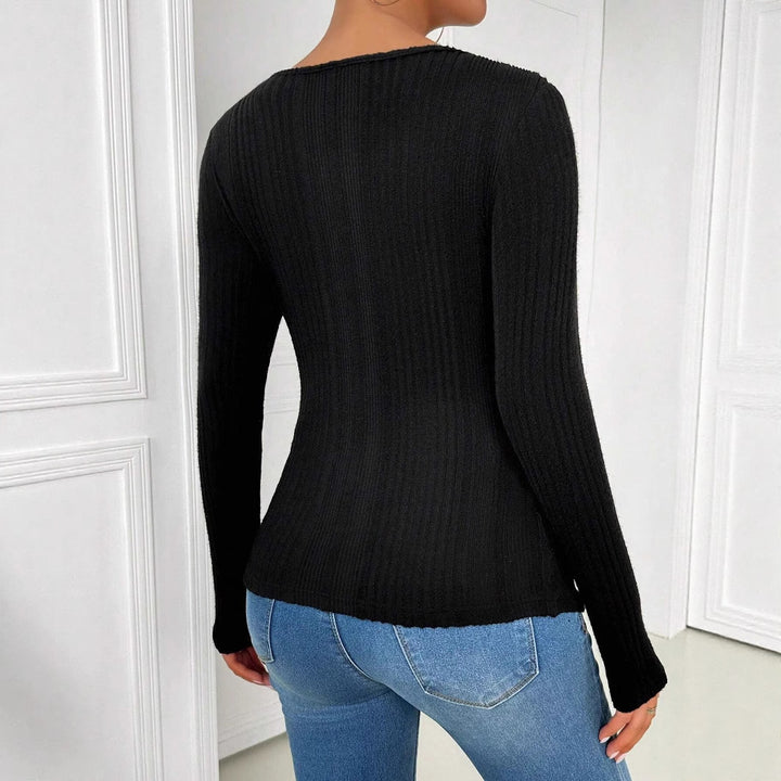 Damen nan figurbetontes langärmeliges Rippstricktop mit Schlüsselloch und asymmetrischem Ausschnitt Echo Archiv