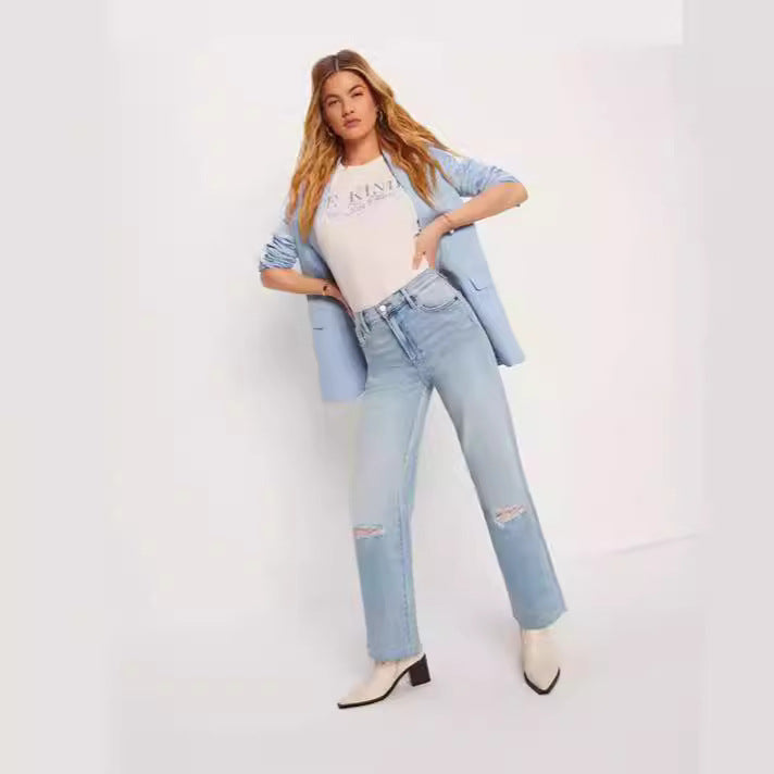 Damen High-Waist Jeans mit fransigem Saum und modischen Rissdetails Echo Archiv