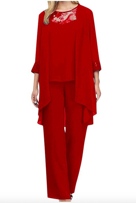 Damen nan fließendes Chiffon-Abendensemble mit Spitzenbesatz, Kimono-Cardigan und weiter Palazzohose Echo Archiv