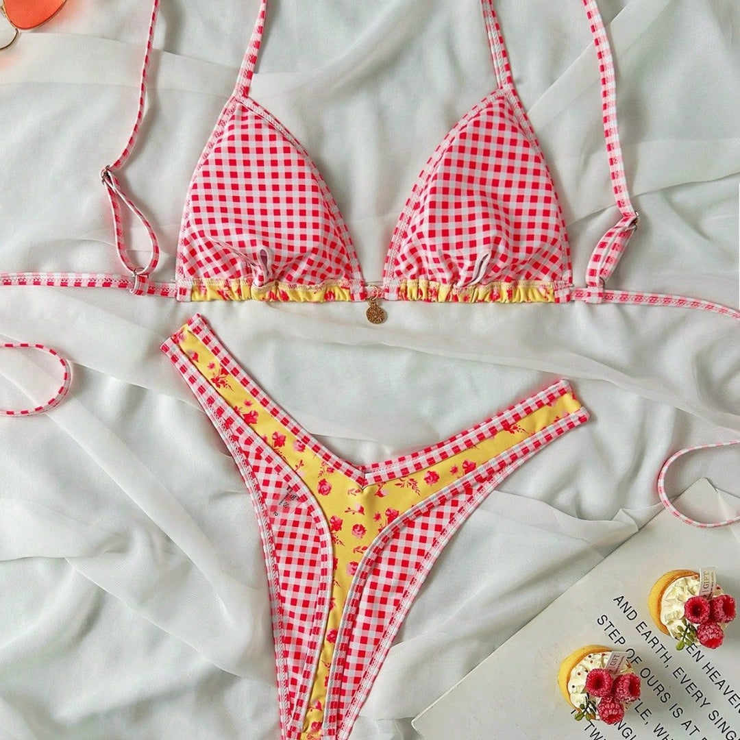 Damen Triangel-Bikini mit Rüschendetails und Karomuster Echo Archiv