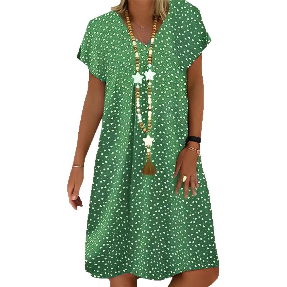 Damen nan locker fallendes V-Ausschnitt-Kurzkleid mit A-Linien-Schnitt, Cap-Ärmeln und Allover-Herzchenprint Echo Archiv