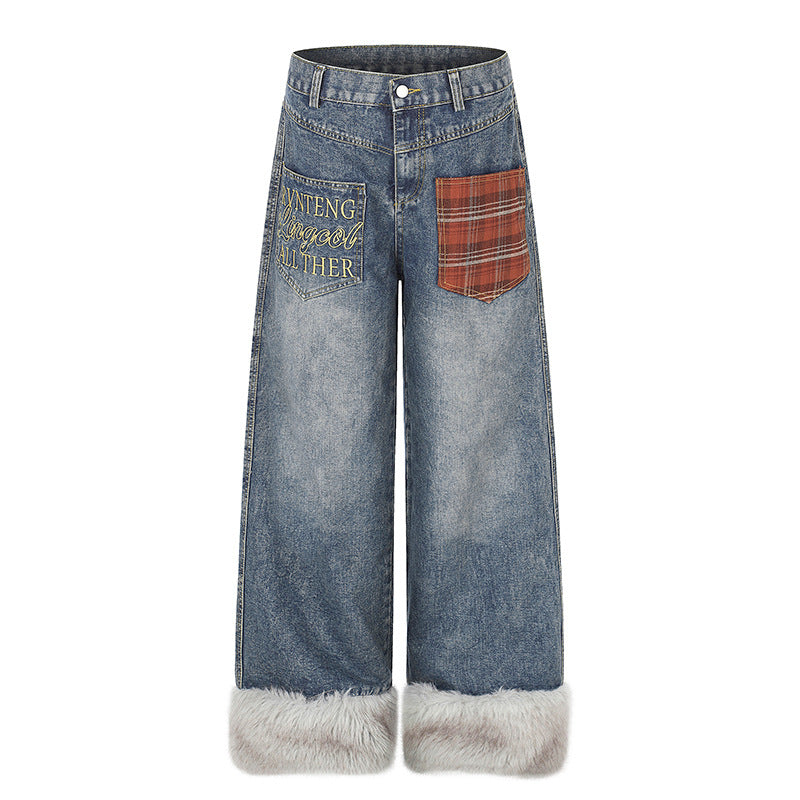 Damen weite hochgeschnittene Denim-Palazzohose mit Karopatchtasche und Kunstfellbesatz am Saum Echoarchiv