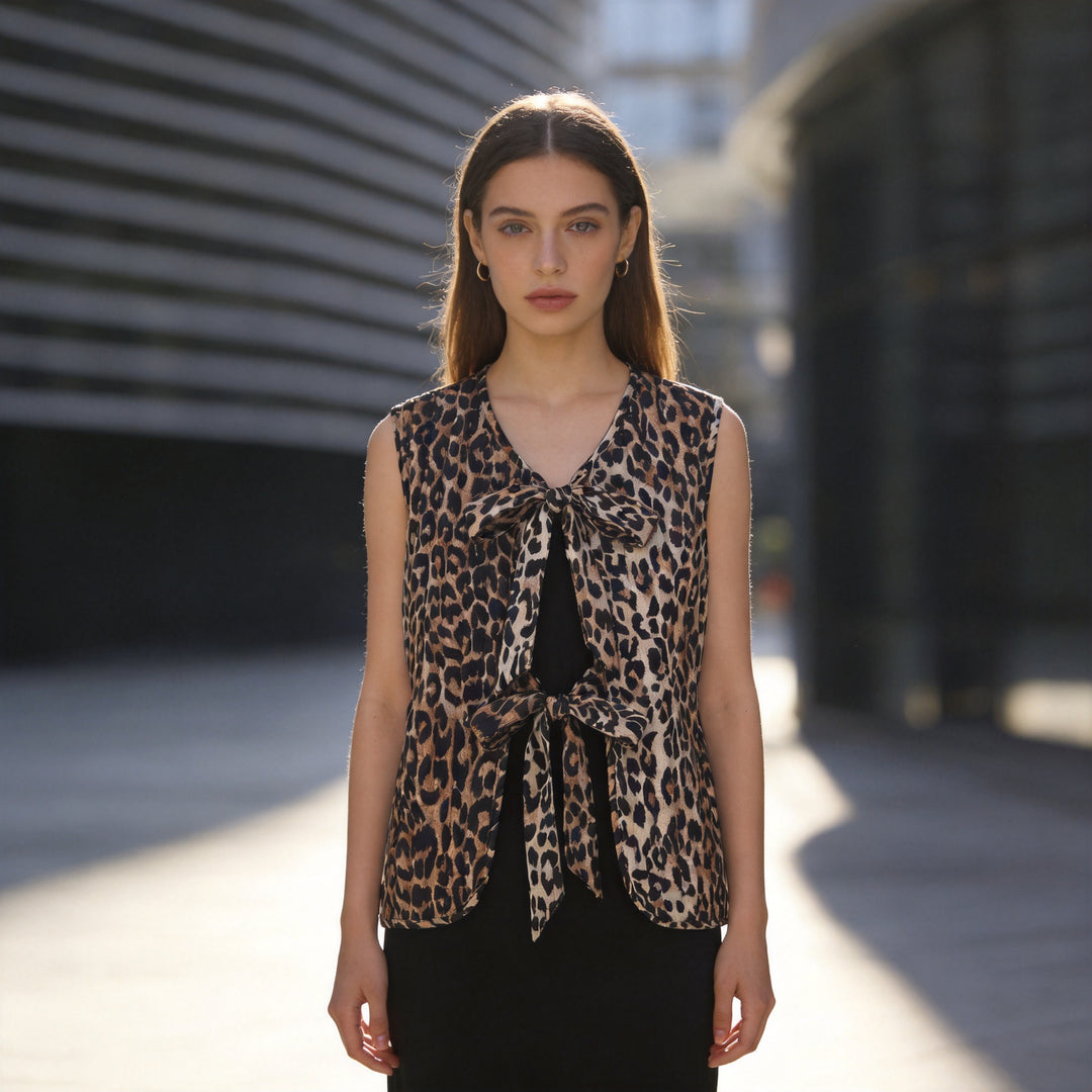 Damen Ärmelloses Satin-Blusentop mit Leoprint und doppelter Schleifenfront Echo Archiv