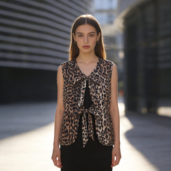Damen Ärmelloses Satin-Blusentop mit Leoprint und doppelter Schleifenfront Echo Archiv