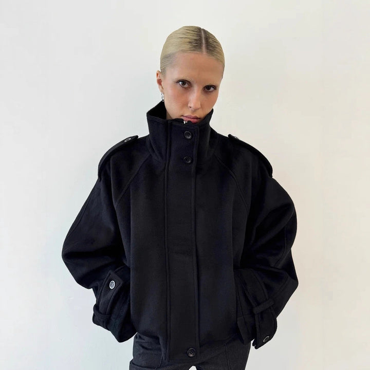 Damen Oversized Woll-Cropped-Jacke mit hohem Stehkragen und Ballonärmeln Echo Archiv