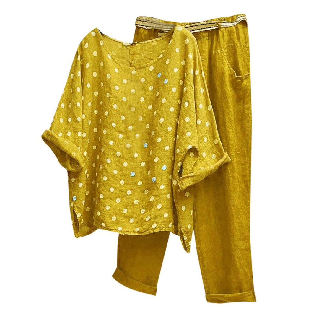 Damen nan Leinen-Loungewear-Set mit gepunkteter Oversize-Tunika und elastischer Bundhose Echo Archiv