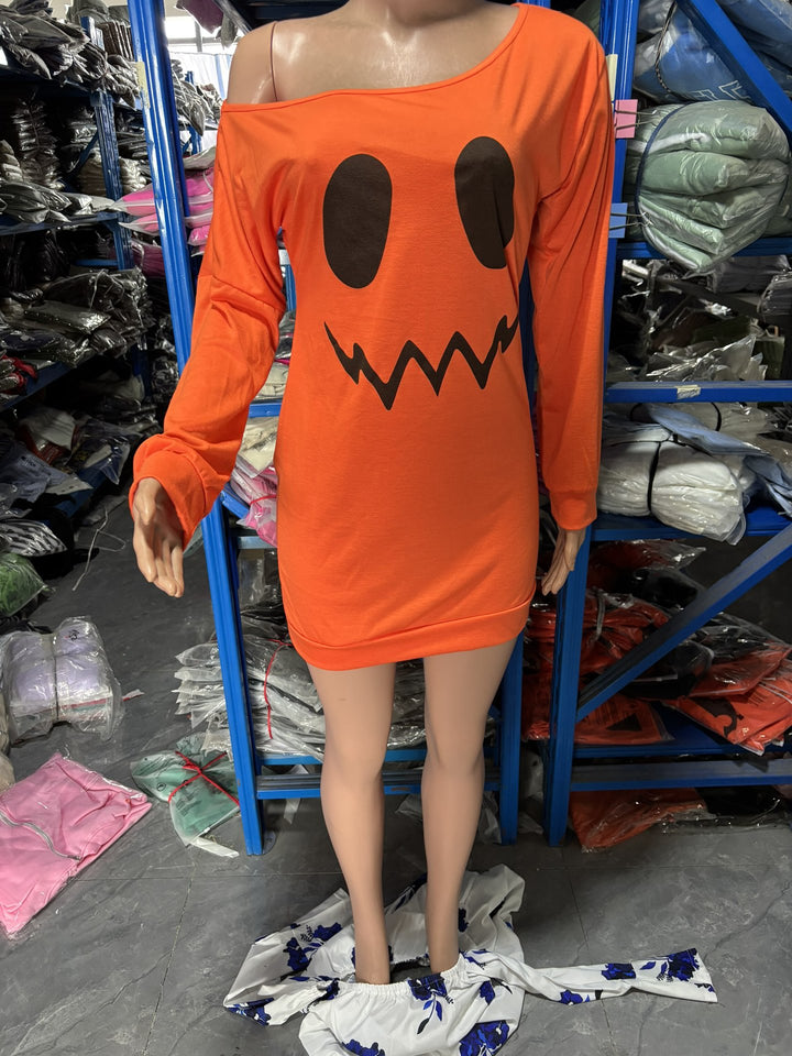Damen Oversize Off-Shoulder Strickpullover mit Halloween-Kürbismotiv Echo Archiv