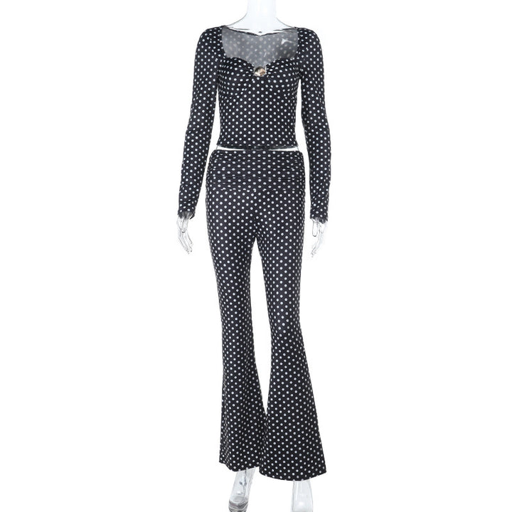 Damen figurbetonter Jumpsuit mit langen Ärmeln und Polka-Dot Muster Echo Archiv