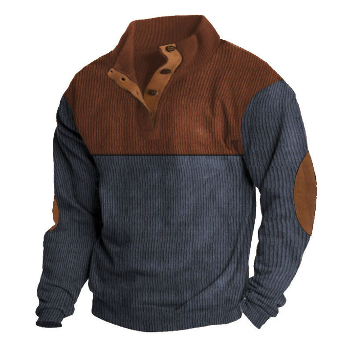 Herren nan gerippter Pullover mit Stehkragen, Knopfleiste und Ellbogen-Patches Echo Archiv