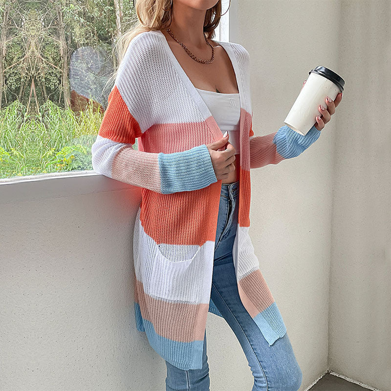 Damen Langer Blockstreifen-Strickcardigan mit offenem Schnitt, Eingrifftaschen und leichter Ajourstruktur Echoarchiv