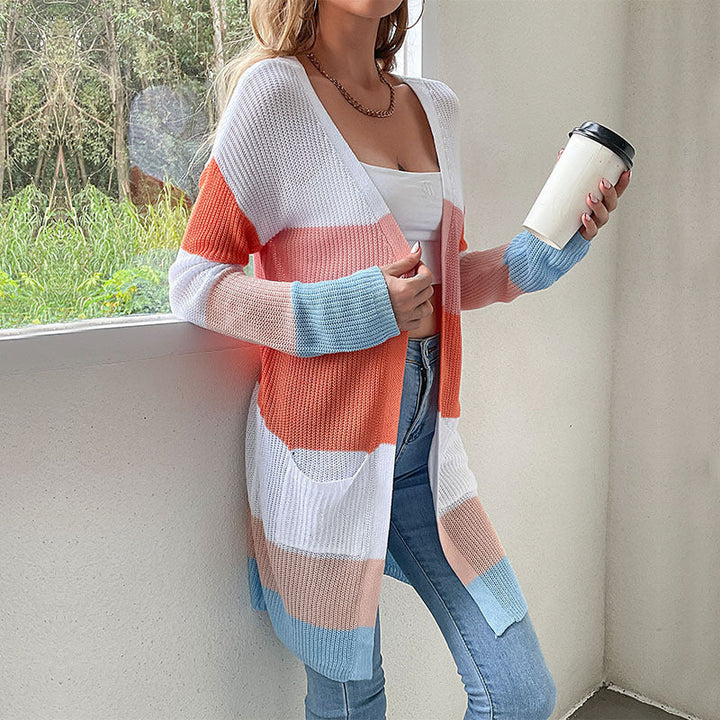 Damen Langer Blockstreifen-Strickcardigan mit offenem Schnitt, Eingrifftaschen und leichter Ajourstruktur Echoarchiv