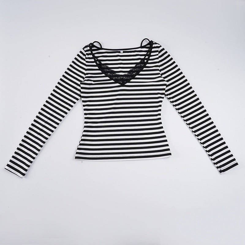 Damen nan gestreiftes Langarmshirt mit Spitzen‑V-Ausschnitt und Doppelspaghettiträger Echo Archiv
