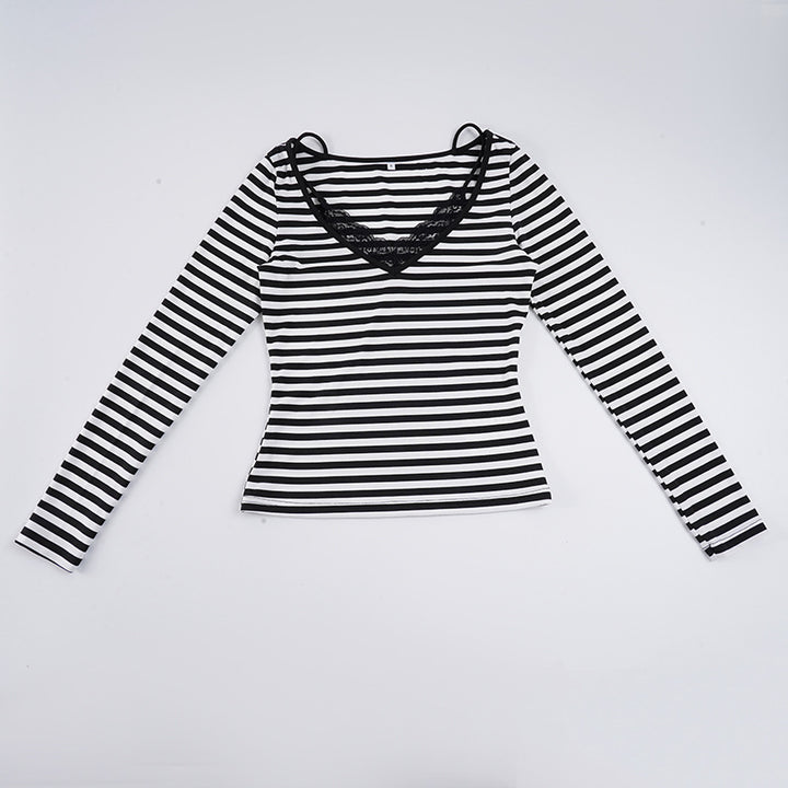 Damen nan gestreiftes Langarmshirt mit Spitzen‑V-Ausschnitt und Doppelspaghettiträger Echo Archiv