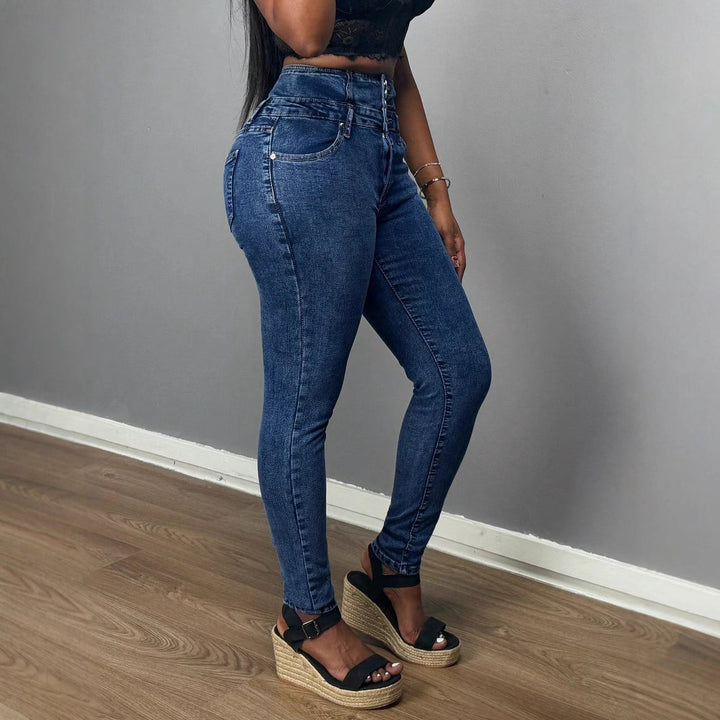 Damen hochtaillierte Skinny-Jeans mit dreifachem Knopfbund und formendem Sitz Echo Archiv