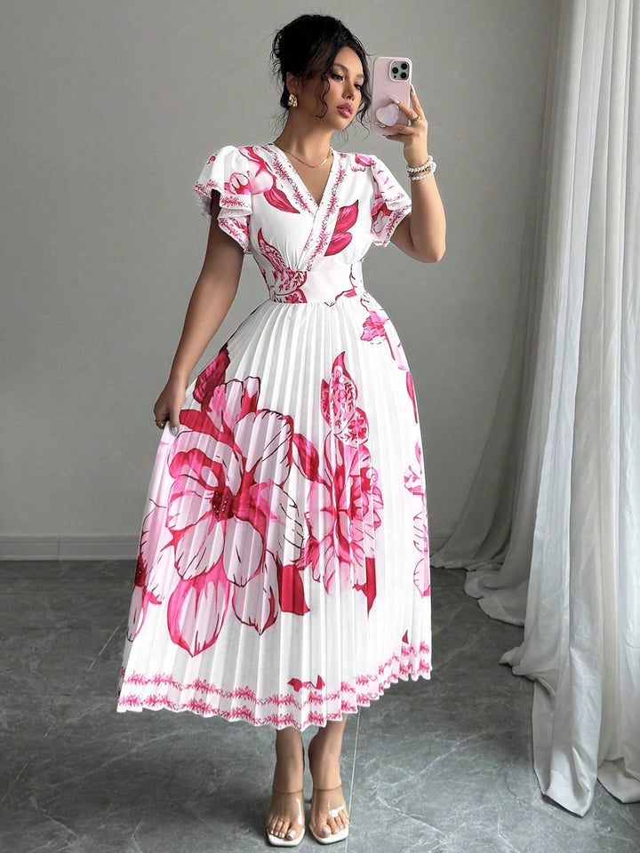 Damen Plissiertes Maxi-Jersey-Kleid mit floralen Akzenten und V-Ausschnitt Echo Archiv