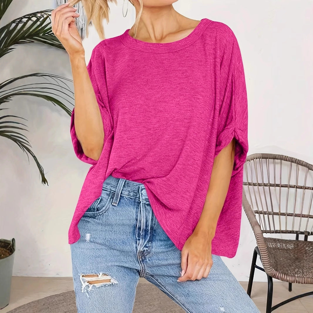 Damen Oversize-Longshirt mit weitem U-Boot-Ausschnitt und geknoteten Dreiviertelärmeln – Avérine