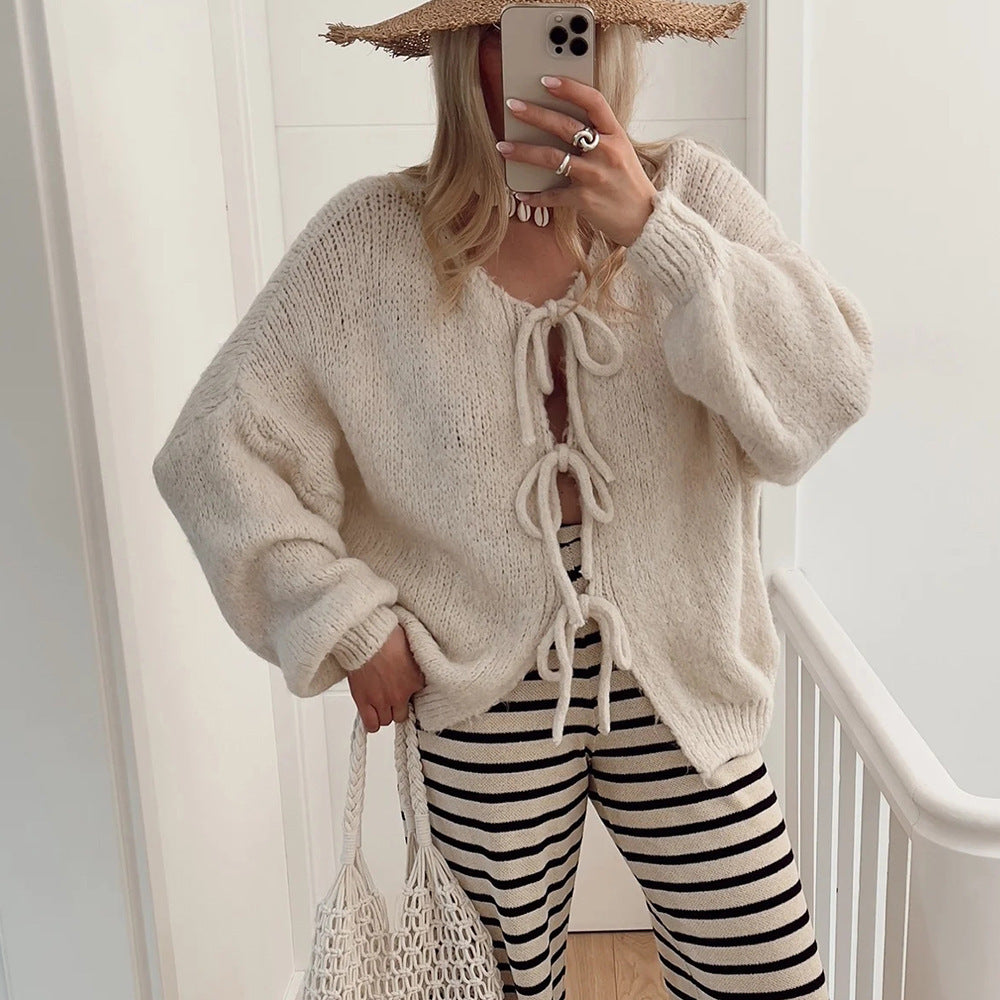 Damen Grobgestrickter Offener Cardigan mit Bindebändern, Oversize‑Silhouette und Raglanärmeln – Veloura