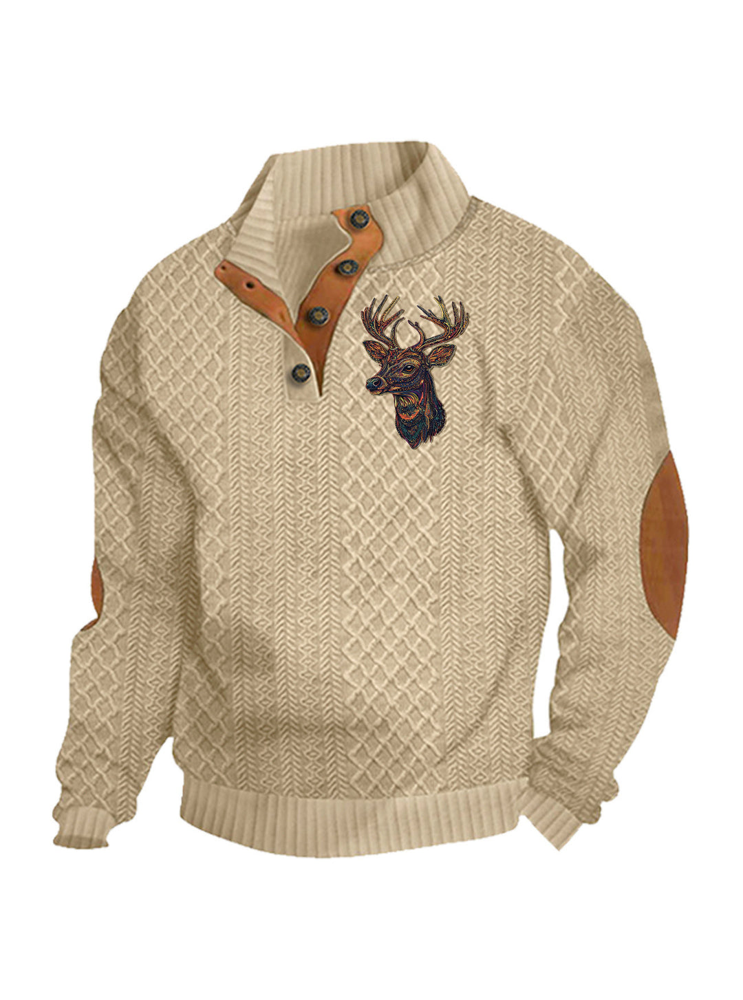 Herren nan Heritage-Strukturpullover mit Stehkragen Lederimitat-Besatz Ellenbogen-Patches und Halbknopfleiste Echo Archiv