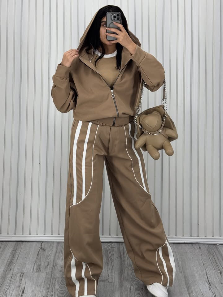 Damen Oversize Kapuzen-Sweatjacke mit Reißverschluss und weitem Trackpant-Set – Auréline