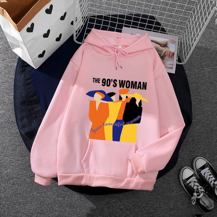 Damen weit geschnittener Kapuzenpullover mit Neunzigerjahre-Illustrationsprint, angerautem Fleece und Kängurutasche – Auréline