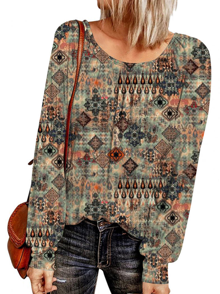 Damen Ethno-Print Oversize-Tunika mit Rundhalsausschnitt und langen Ballonärmeln – Avérine
