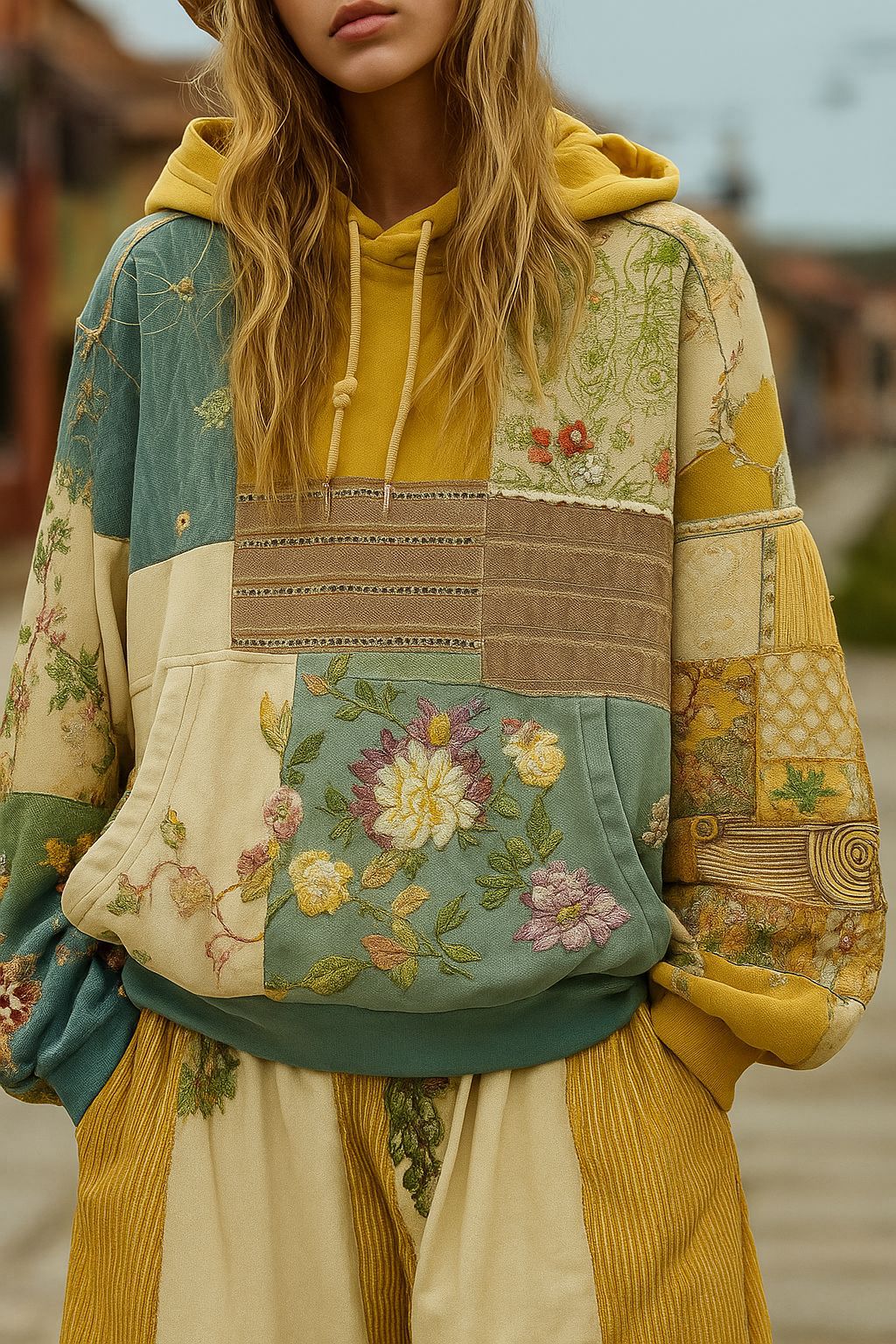 Damen Bestickter Patchwork-Kapuzenpullover mit Blumenapplikation und Kängurutasche – Auréline