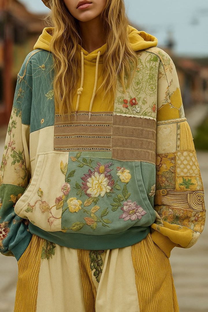 Damen Bestickter Patchwork-Kapuzenpullover mit Blumenapplikation und Kängurutasche – Auréline
