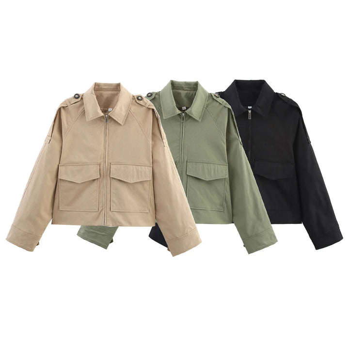 Damen kurze Utility-Blousonjacke mit aufgesetzten Klappentaschen und Epauletten – Célinea