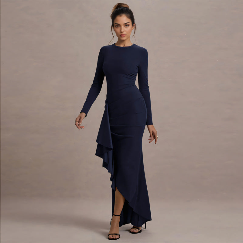 Damen Elegantes Abend-Maxikleid mit langen Ärmeln, figurbetonter Silhouette und seitlichem Volant – Avérine