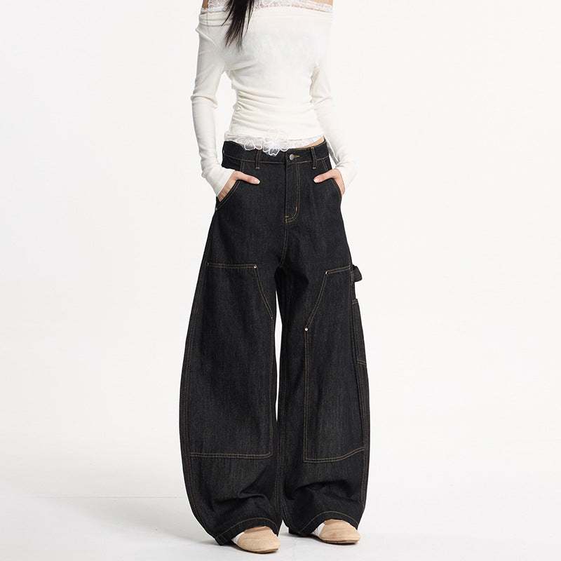 Damen Extraweite Denim-Palazzohose im Cargostil mit tiefem Schritt, Kontrastnähten und Utility‑Details Echo Archiv
