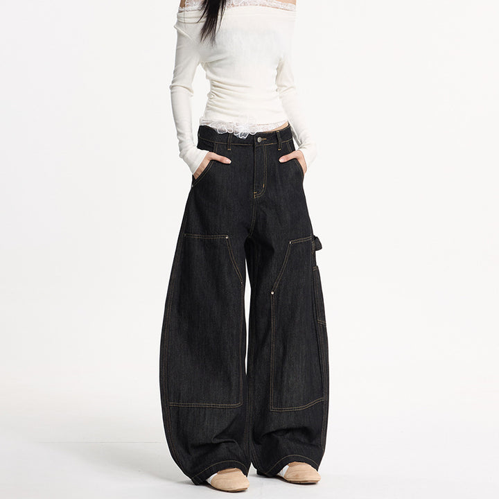 Damen Extraweite Denim-Palazzohose im Cargostil mit tiefem Schritt, Kontrastnähten und Utility‑Details Echo Archiv