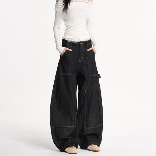 Damen Extraweite Denim-Palazzohose im Cargostil mit tiefem Schritt, Kontrastnähten und Utility‑Details Echo Archiv