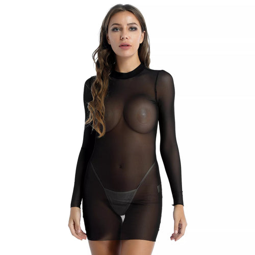 Damen Transparentes Minikleid mit langen Ärmeln und femininem Schnitt Echo Archiv