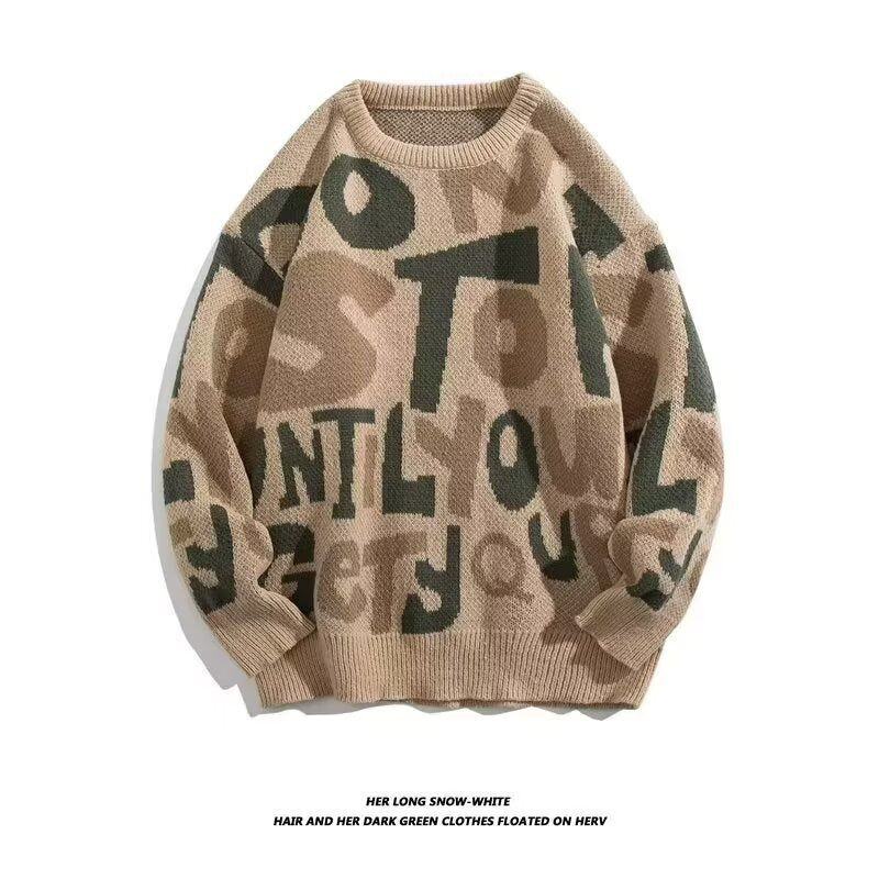 Damen Grobstrickpullover mit kreativen Schriftzügen Echoarchiv