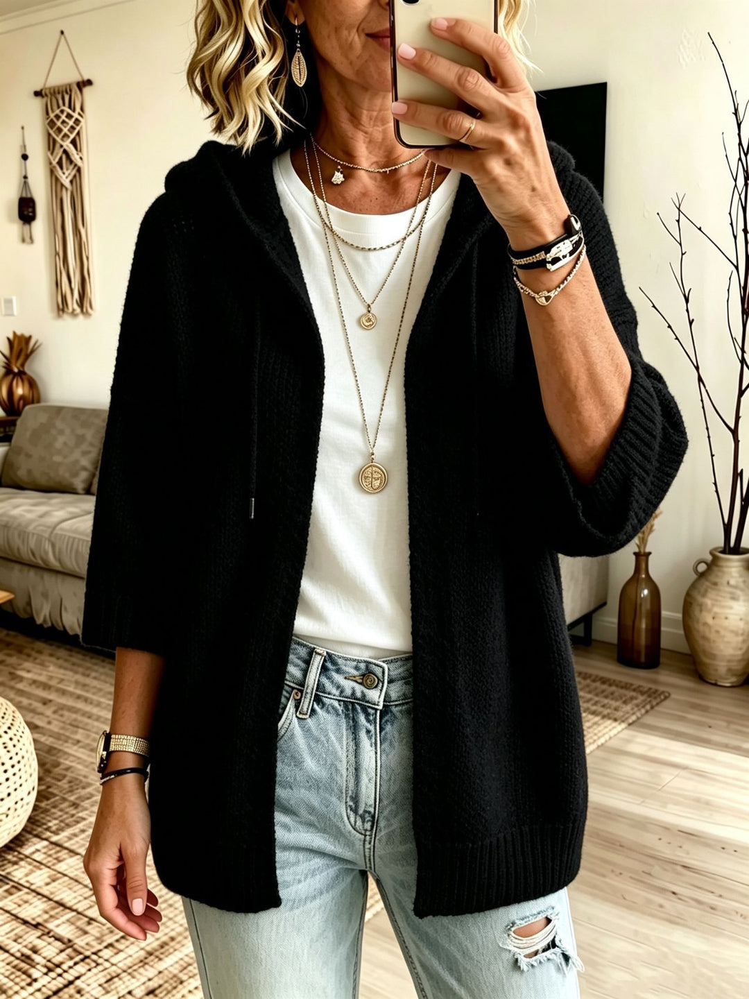Damen Kapuzen-Longcardigan aus grobem Strick mit 3/4-Ärmeln und offener Front – Veloura