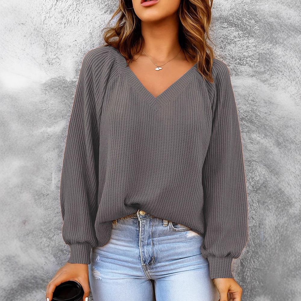 Damen Feinstruktur-Strickpullover mit V-Ausschnitt, Ballonärmeln und Rippbündchen – Mavelle