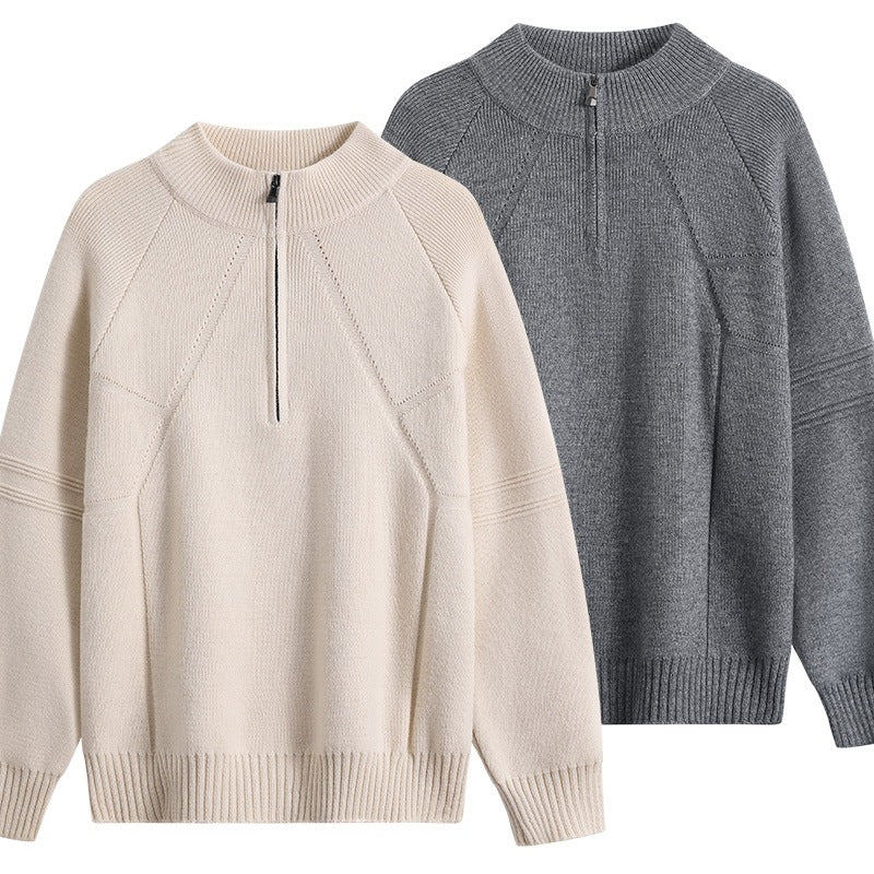 Unisex Oversize-Strickpullover mit Halbreißverschluss und geripptem Stehkragen Echoarchiv