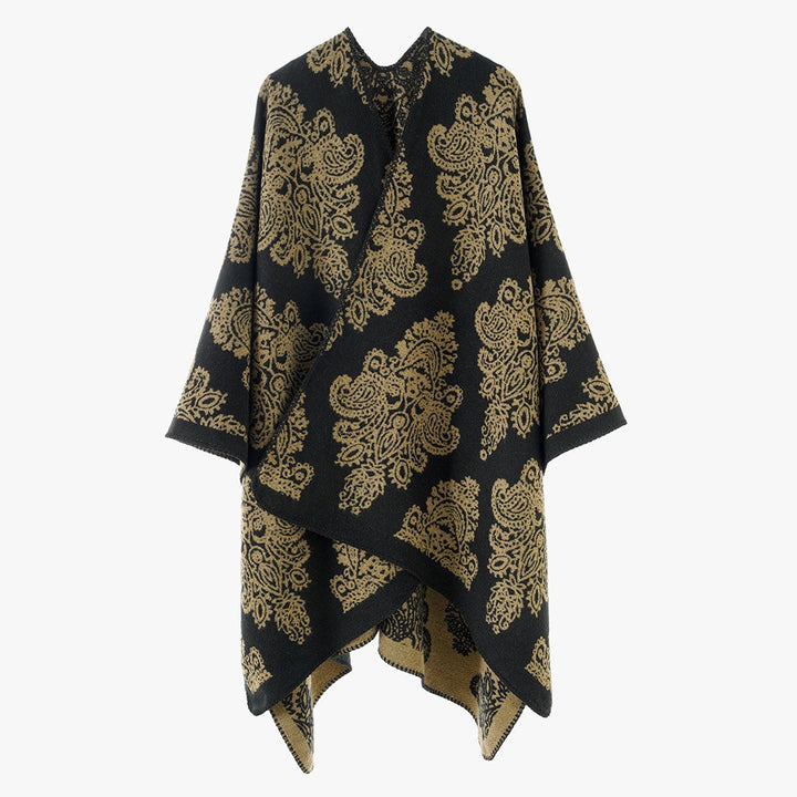 Damen Wollmix-Capeponcho mit beidseitigem Jacquard‑Paisley und kontrastierter Rollkante – Montévia