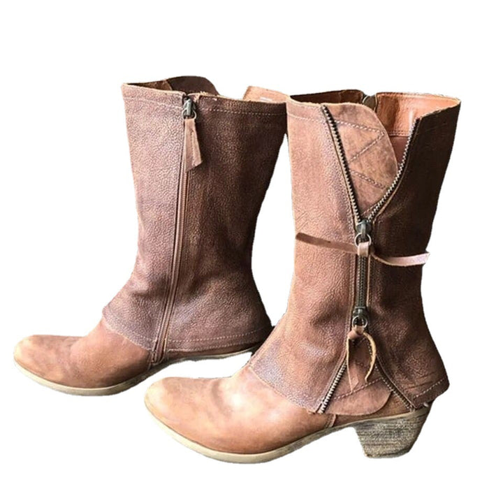 Damen Knöchel- bis wadenhohe Reißverschluss-Stiefel mit dekorativem Metallreißverschluss und niedrigem Blockabsatz Echo Archiv