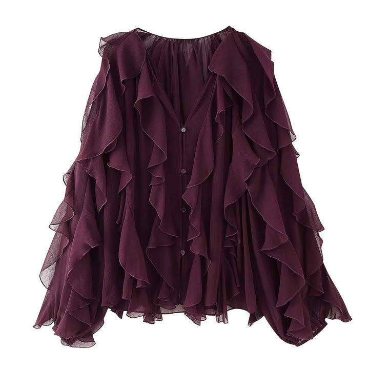 Damen Volant-Chiffonbluse mit Knopfleiste, gerafftem Ausschnitt und Ballonärmeln Echo Archiv