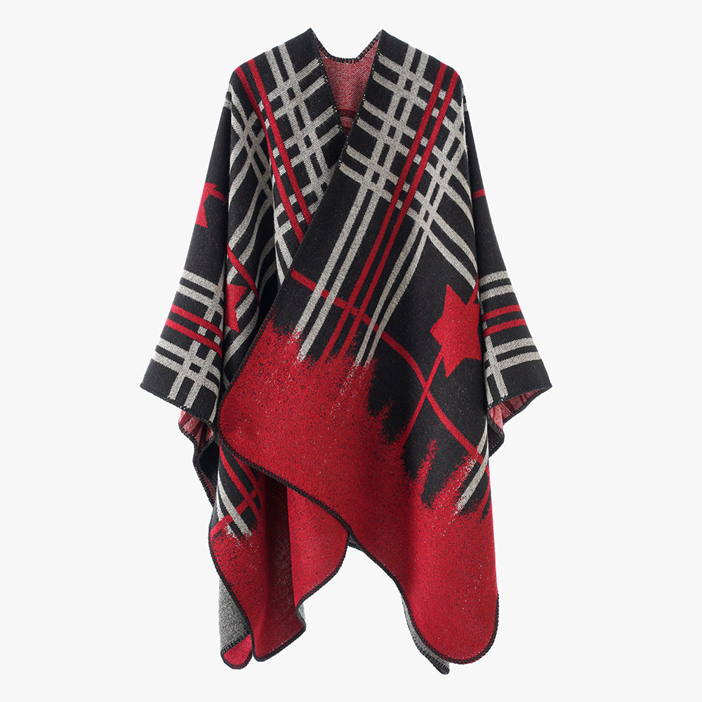 Damen Oversize-Capeponcho aus Wollmix mit Stern- und Karojacquard und weichfallendem Fall Echo Archiv
